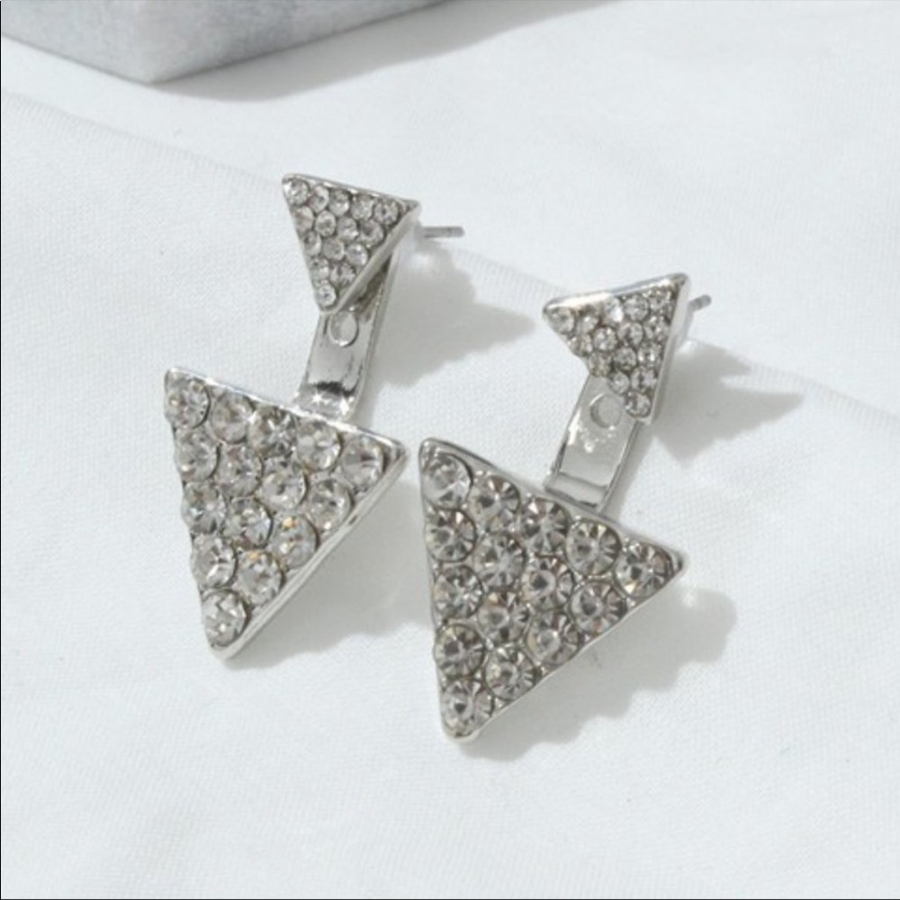 Silver Rhinestone Triangle Jacket Earrings